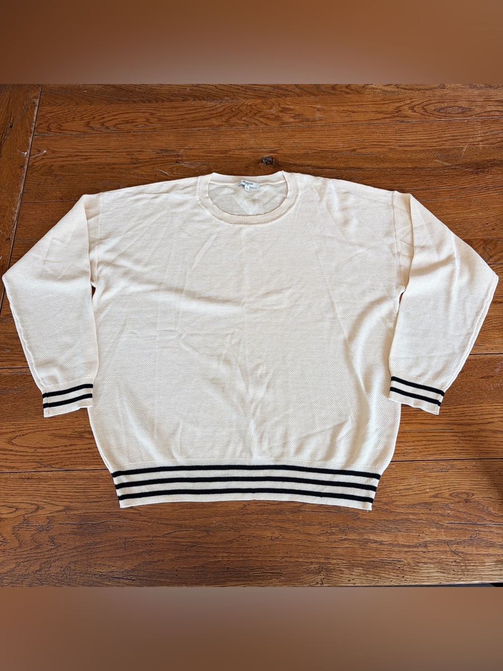 NWT Madewell 100% Cotton Lightweight Cream Crewneck Sweater Blk Stripe Hem Large